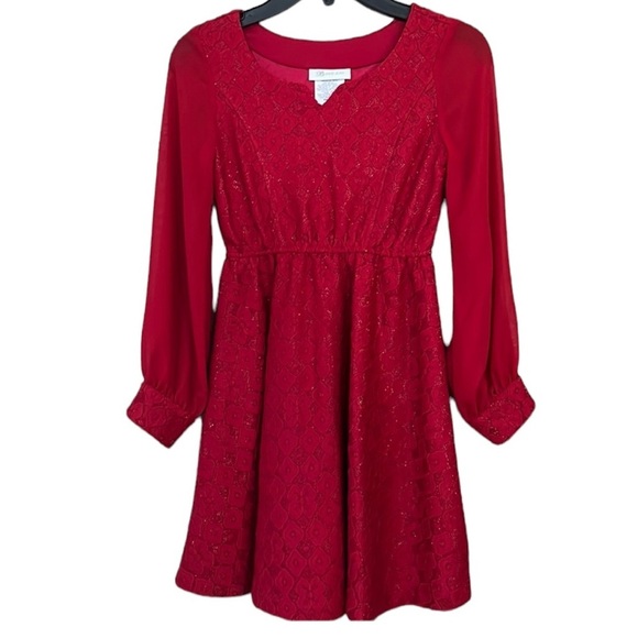 Bonnie Jean Other - Bonnie Jean Girls Dress Size 7 Red Lace Fit & Flare Long Sheer Sleeves Holiday